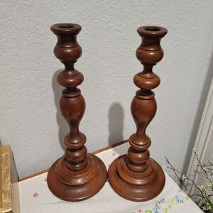 Vintage Pair 13” Tall Turned Oak Wooden Taper Candlestick Holders Base Rustic